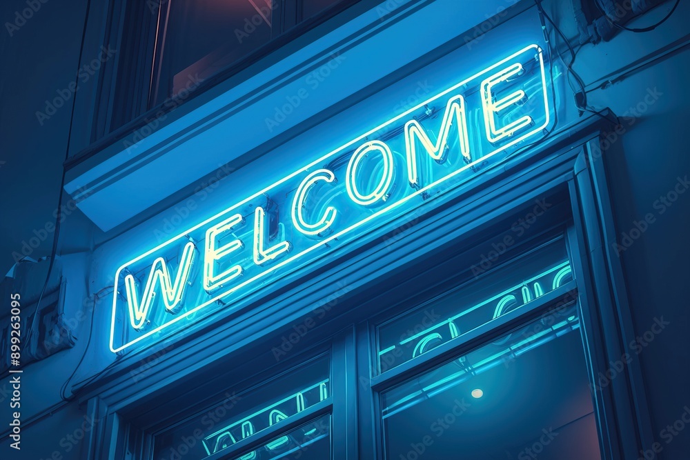 Obraz premium a blue neon sign with the word welcome over store or restaurant