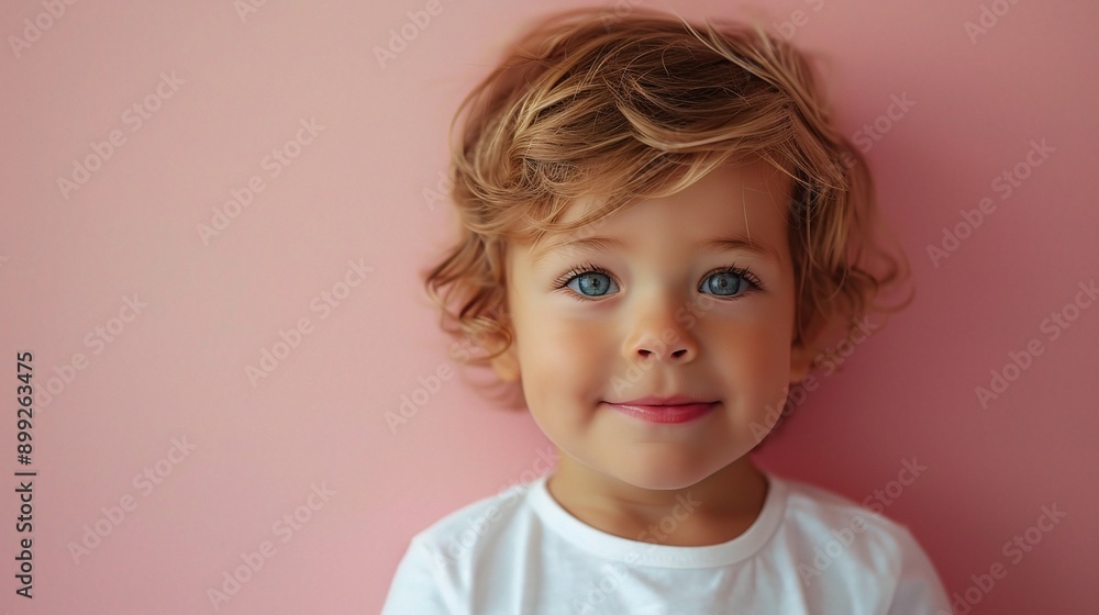 Rosy Cheeks and Curious Eyes: A portrait of pure childhood innocence, a toddler with rosy cheeks and captivating blue eyes gazes with wonder against a soft pink backdrop. Rosy Cheeks and Curious Eyes: A portrait of pure childhood innocence, a toddler with rosy cheeks and captivating blue eyes gazes with wonder against a soft pink backdrop.
