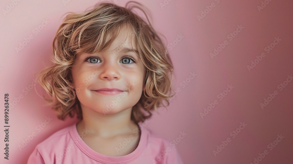 Rosy Cheeks and Golden Curls: A young child beams against a pink backdrop, their bright eyes and infectious smile radiating pure joy. Rosy Cheeks and Golden Curls: A young child beams against a pink backdrop, their bright eyes and infectious smile radiating pure joy.