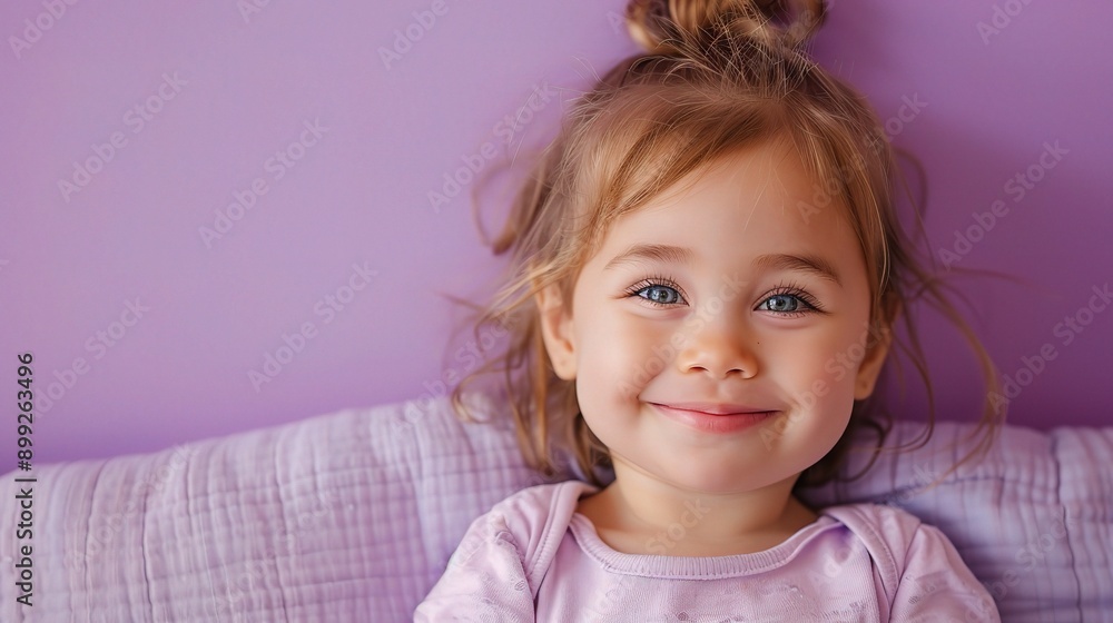 Sweet Dreams and Purple Hues: Adorable toddler girl with bright blue eyes beams a cheerful smile, against a soft purple backdrop, radiating innocence and joy. Sweet Dreams and Purple Hues: Adorable toddler girl with bright blue eyes beams a cheerful smile, against a soft purple backdrop, radiating innocence and joy.