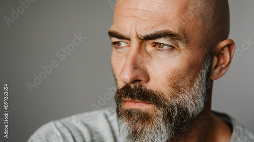 Close-up portrait of a heavyset man with a distressed expression, studio background.