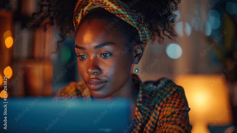 Determined African Businesswoman Working Late with Modern Technology in Office Determined African Businesswoman Working Late with Modern Technology in Office