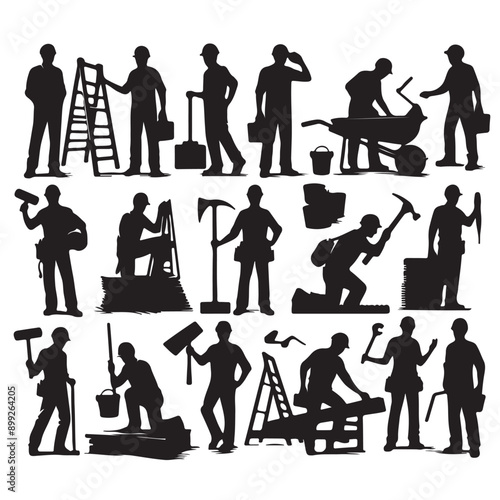 Set of Builder worker silhouette vector image with white background