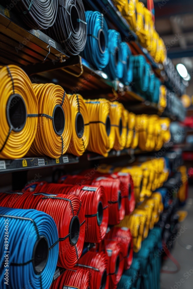 Obraz premium Warehouse full of organized colorful industrial cables on shelves
