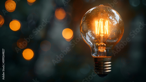 Glowing yellow light bulb and other light bulbs on dark background, creative idea concept, realistic 