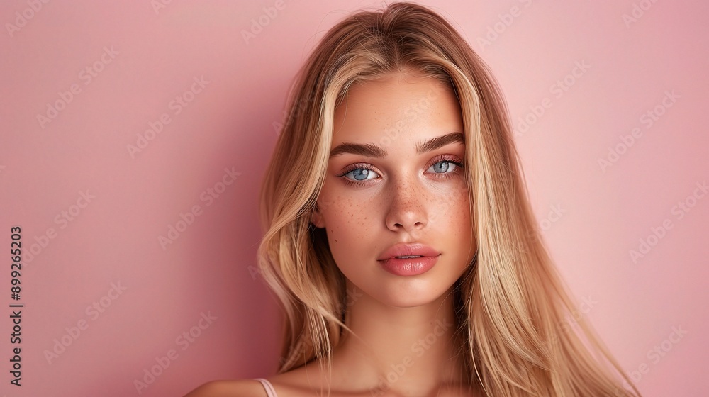 Fototapeta premium Golden Hour Glow: A captivating portrait of a young woman with long blonde hair and piercing blue eyes, bathed in the warm light of a pink sunset, exuding confidence and natural beauty. 