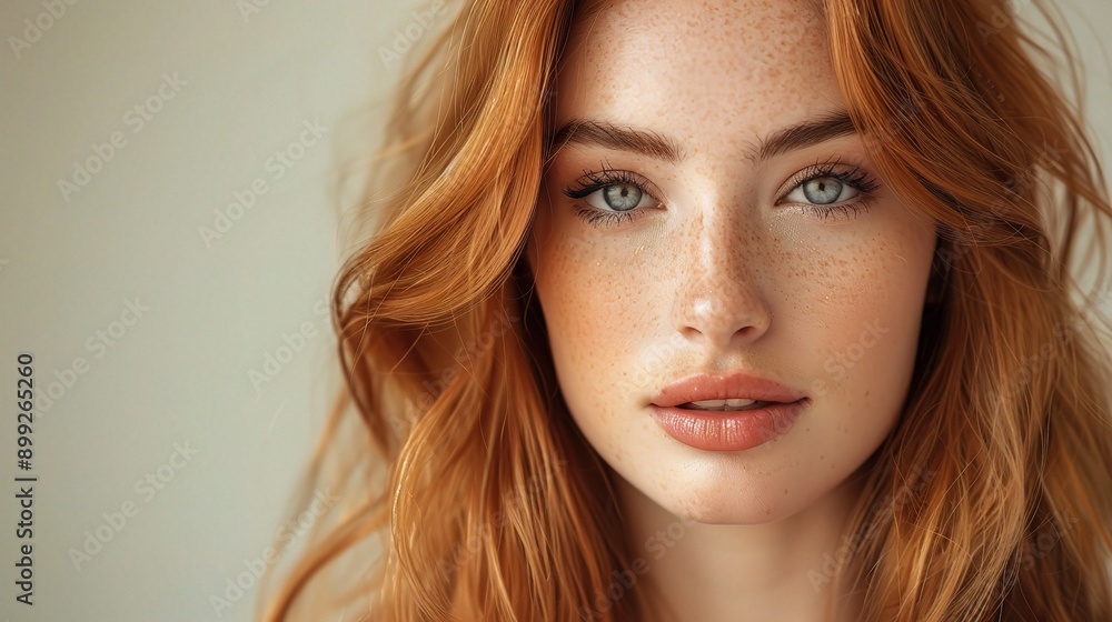 Naklejka premium Redhead Beauty: Captivating portrait of a young woman with fiery red hair and piercing blue eyes, showcasing natural beauty and confidence. 