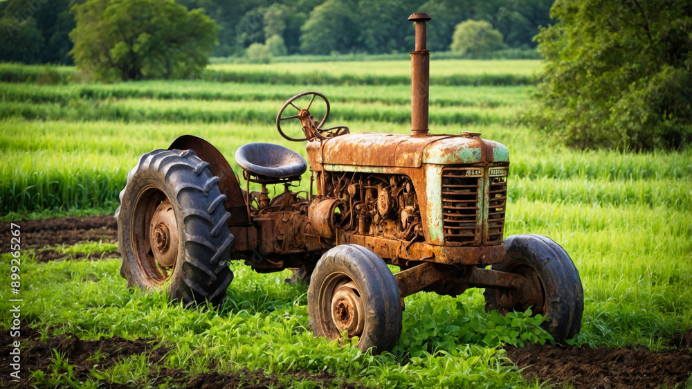 An old rusty tractor on a green field An old rusty tractor on a green field