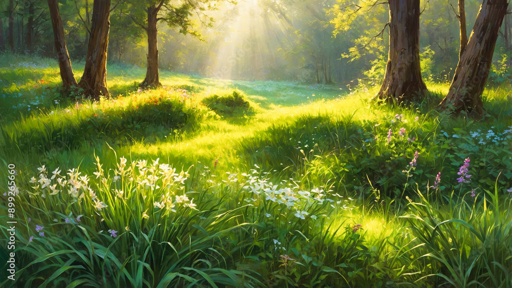 Fototapeta premium Beautiful green grass with colorful flowers in the sunlight