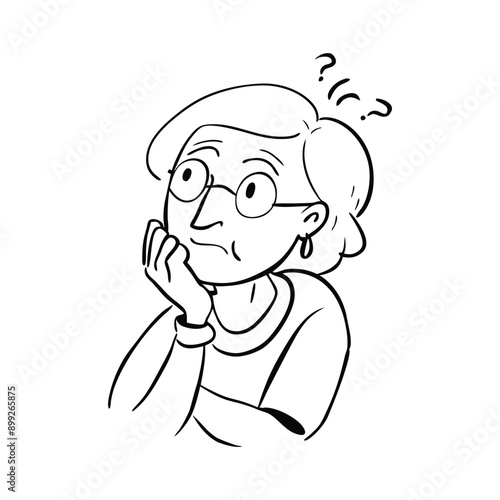 An old woman is confused and thinking doodle vector illustration
