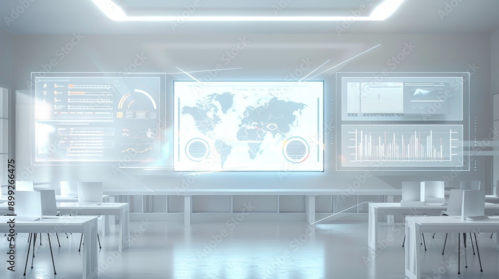 Modern Futuristic Office Interior with Data Visualization