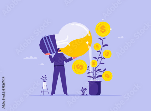 Financial advisor or wealth management concept. idea make money to get rich, increase earning and income, investment profit growth, businessman investor watering money tree with water from lightbulb