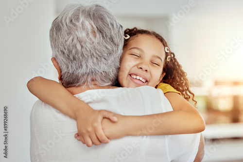Photography Grandmother, girl and hug for love in home, affection and bonding or care in apartment living room