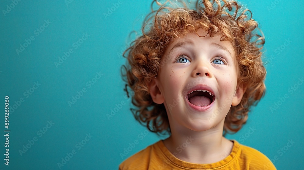 Surprise, boy and child with decision, opportunity and fantasy on a blue studio background. Person, mockup space and happy kid looking up, future and announcement with shock, expression and emoji Surprise, boy and child with decision, opportunity and fantasy on a blue studio background. Person, mockup space and happy kid looking up, future and announcement with shock, expression and emoji