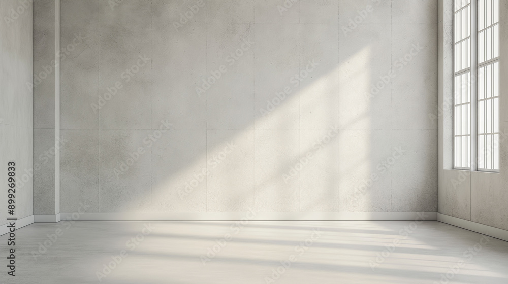 A large, empty room with a white wall and a window A large, empty room with a white wall and a window