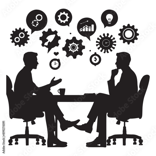 Two people having a conversation. Two business people having meeting silhouette. Two businessmen sitting in chair having a discussion