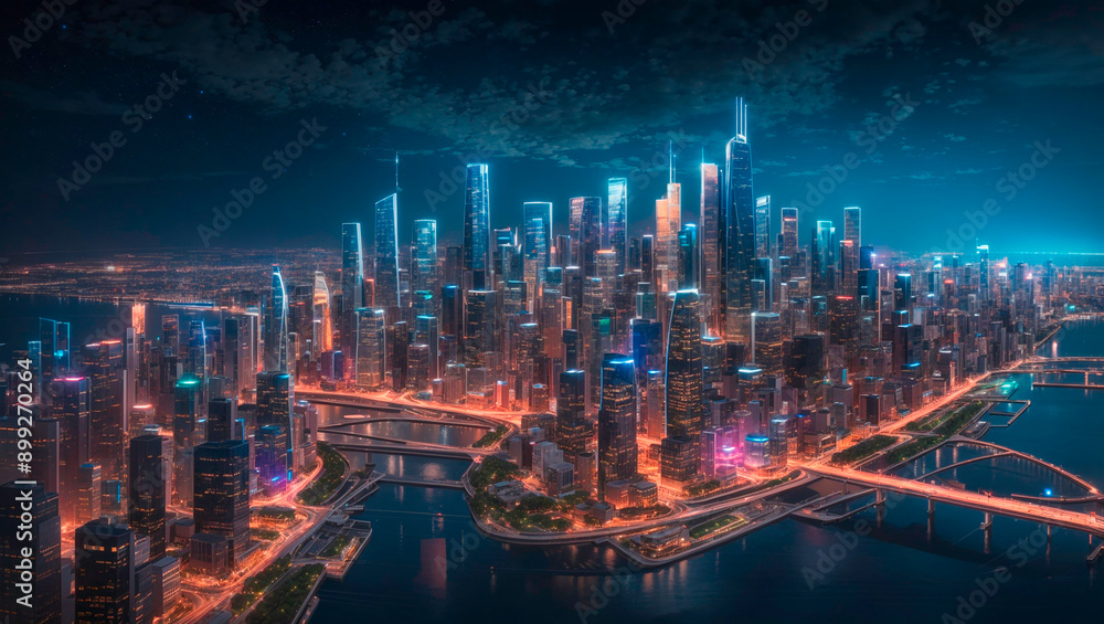 Obraz premium city at night, with many tall buildings and neon lights.
