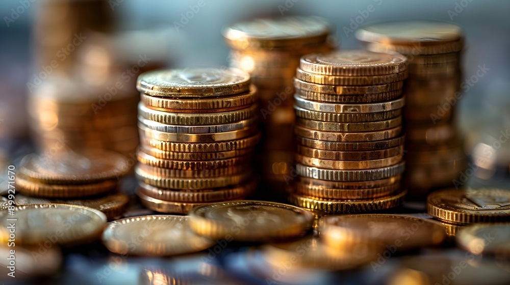 Coins stacked on table, various denominations and sizes, shiny and reflective surfaces. Coins stacked on table, various denominations and sizes, shiny and reflective surfaces.