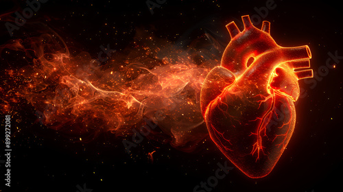 Abstract shape of human heart with digital red line of cardiac pulse on a black background © Hamsyfr