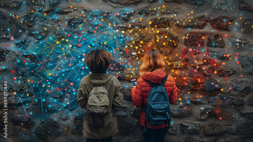 Fototapeta premium Two people standing in front of a wall with colorful lights, creating a vibrant and dynamic atmosphere.