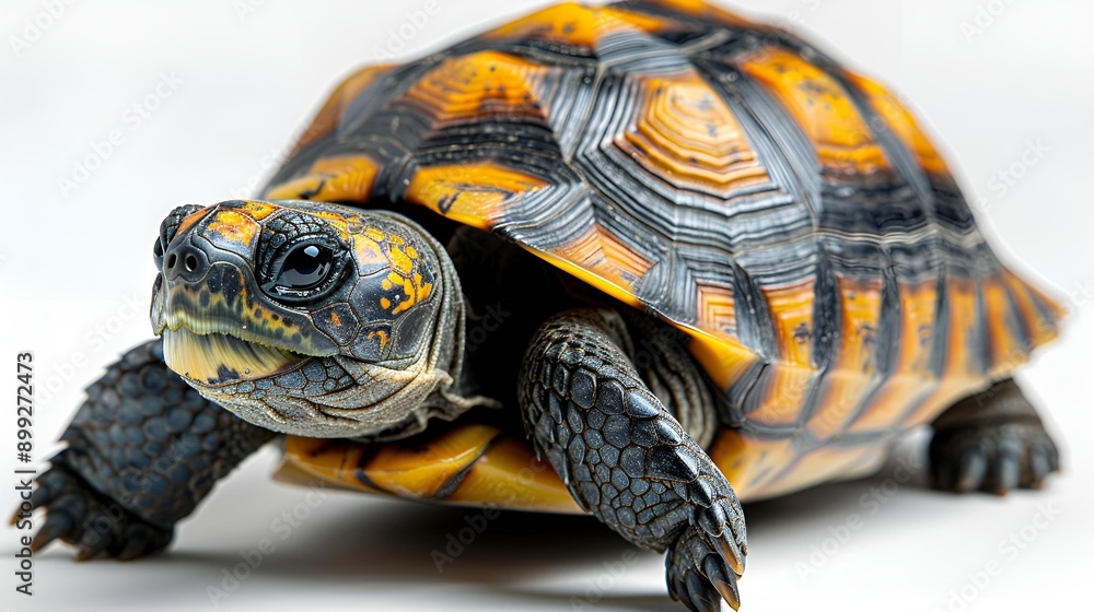 Obraz premium A turtle with a yellow and black shell resting on the ground.