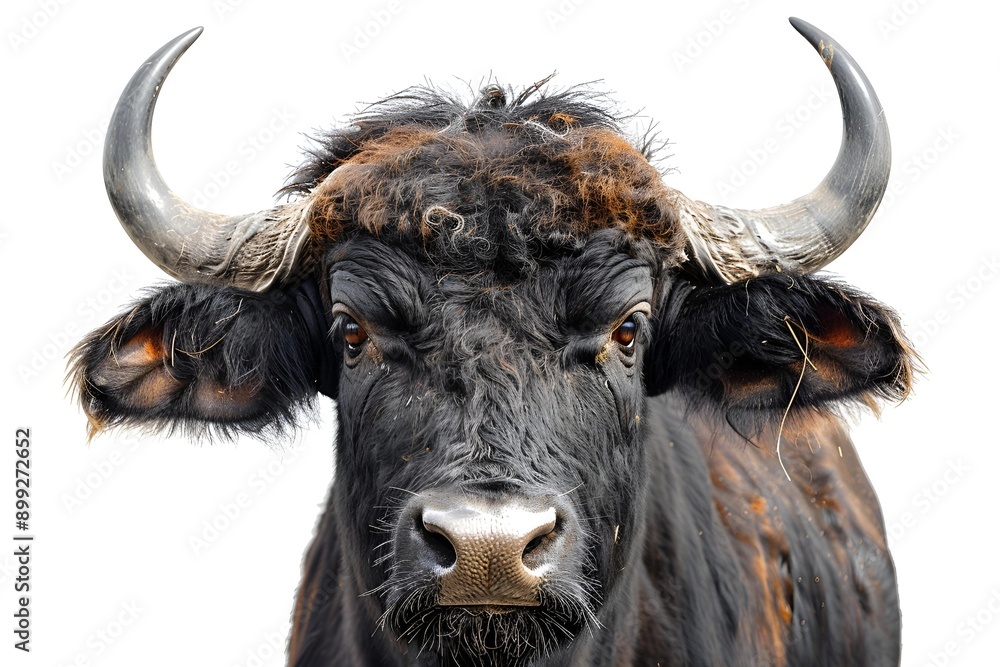 Naklejka premium A bull with large horns standing on a white background.