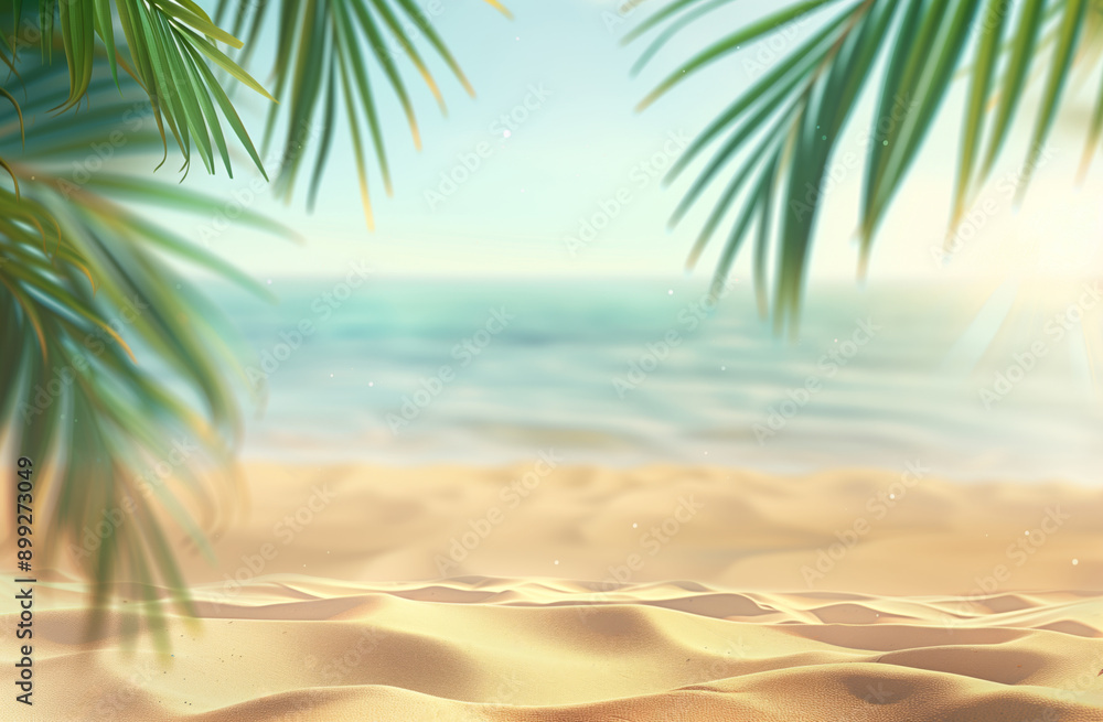 Tropical beach background with sand and palm leaves. Summer vacation concept, blurred background. Space for text or product Tropical beach background with sand and palm leaves. Summer vacation concept, blurred background. Space for text or product