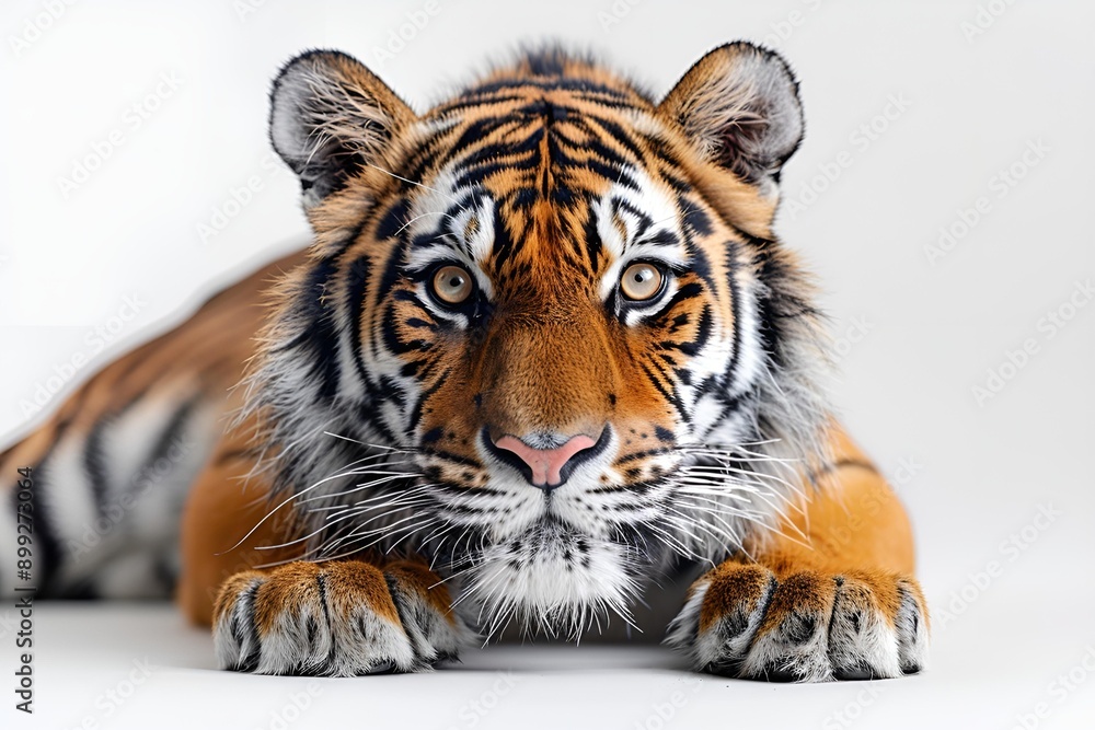 Fototapeta premium A majestic tiger sitting on a white background.