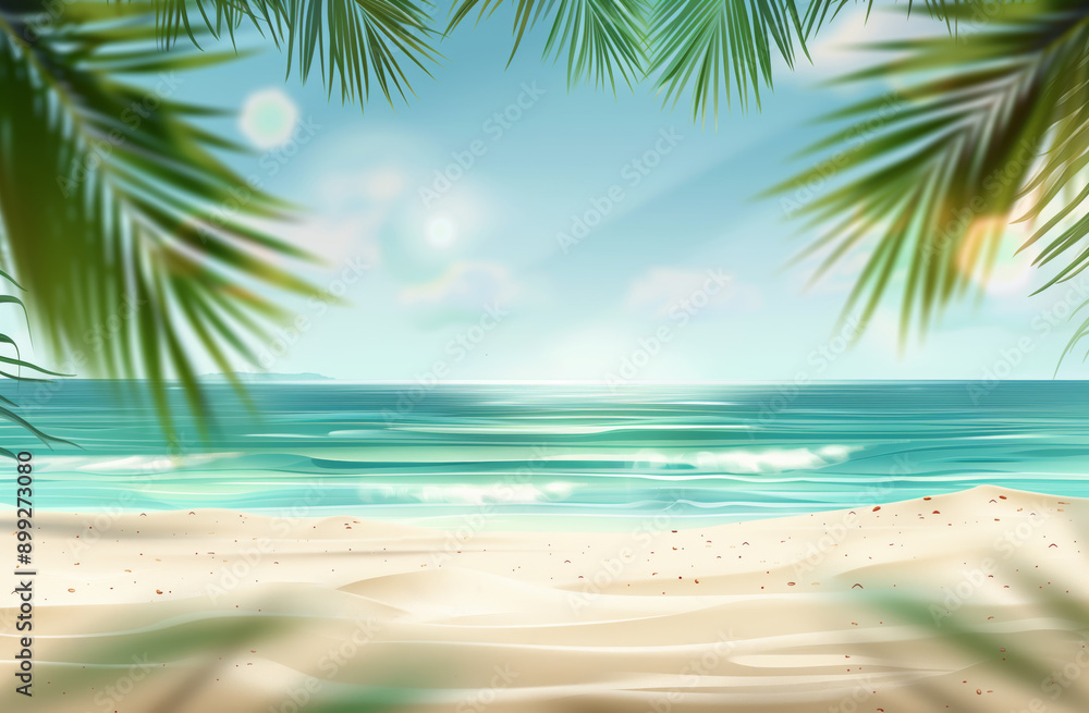 Tropical beach background with sand and palm leaves. Summer vacation concept, blurred background. Space for text or product Tropical beach background with sand and palm leaves. Summer vacation concept, blurred background. Space for text or product