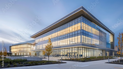 Modern Office Building with Glass Facade and Landscaping