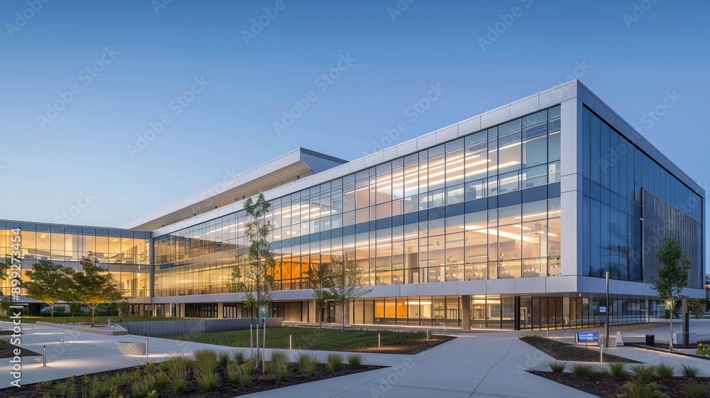 Modern Office Building with Glass Facade and Landscaped Courtyard Modern Office Building with Glass Facade and Landscaped Courtyard