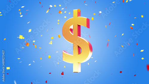 3D illustration of US Dollar symbol with confetti 