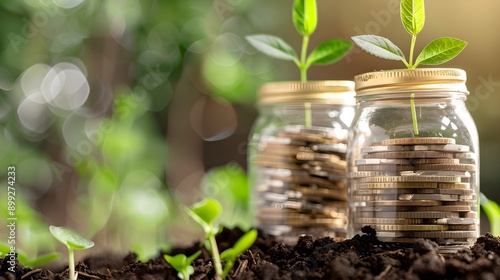 Wallpaper Mural Two jars filled with coins and a plant Torontodigital.ca