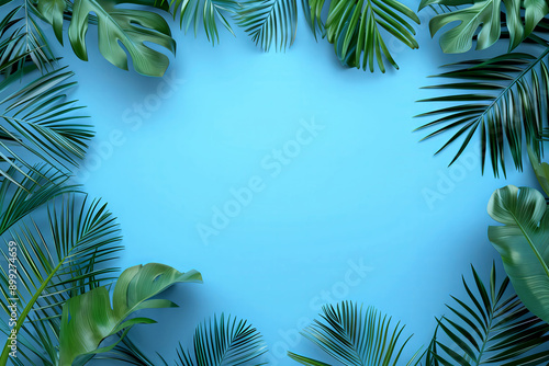 Blue background with tropical palm leaves on the edges in a flat lay  with Space for text or product © Arlessa