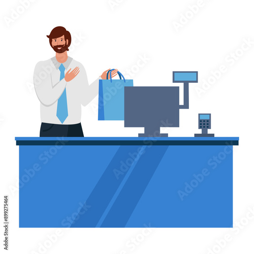 Male cashier in uniform works, paying customers when shopping at the store. Character design. Cashless payment concept. Cashless transaction at cashier counter Vector flat illustration