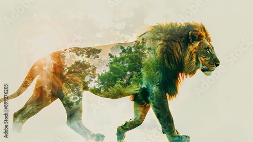 Fototapeta Naklejka Na Ścianę i Meble -  double exposure effect of a lion walking and green jungle. World wildlife day 