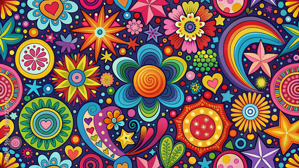 Vibrant abstract shapes in retro groovy style, featuring flowers, stars, waves, hearts, circles, and spirals in bold colors and abstract patterns, perfect for posters and stickers. Vibrant abstract shapes in retro groovy style, featuring flowers, stars, waves, hearts, circles, and spirals in bold colors and abstract patterns, perfect for posters and stickers.