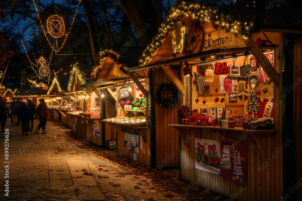 Christmas Market Stalls Illuminated at Night Christmas Market Stalls Illuminated at Night