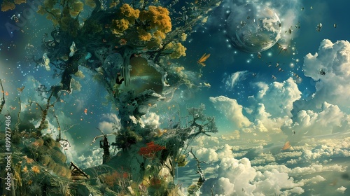 Captivating digital artwork featuring a surreal dreamlike landscape filled with fantastical organic forms inventive use of light and shadow and evocative symbolic elements 