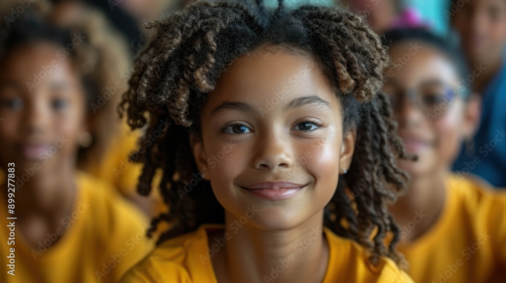 Close-up of a smiling girl with curly hair wearing a yellow shirt, sitting in a classroom with classmates in the background.
Close-up of a smiling girl with curly hair wearing a yellow shirt, sitting in a classroom with classmates in the background.