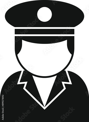 Black and white simple icon of a police officer wearing a uniform and a hat