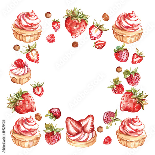 Watercolor illustration of a square frame made with strawberries and cream puffs.