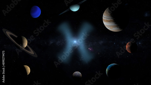 pisces sign over solar system 3d rendering illustration