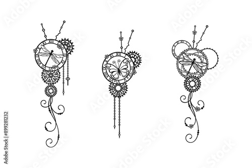 Black and white decorative elements with clock-face, gears, butterfly, dragonfly, cogwheels, curls and chains isolated on a white background. Mechanism. Steampunk. Vector vintage set for greeting card