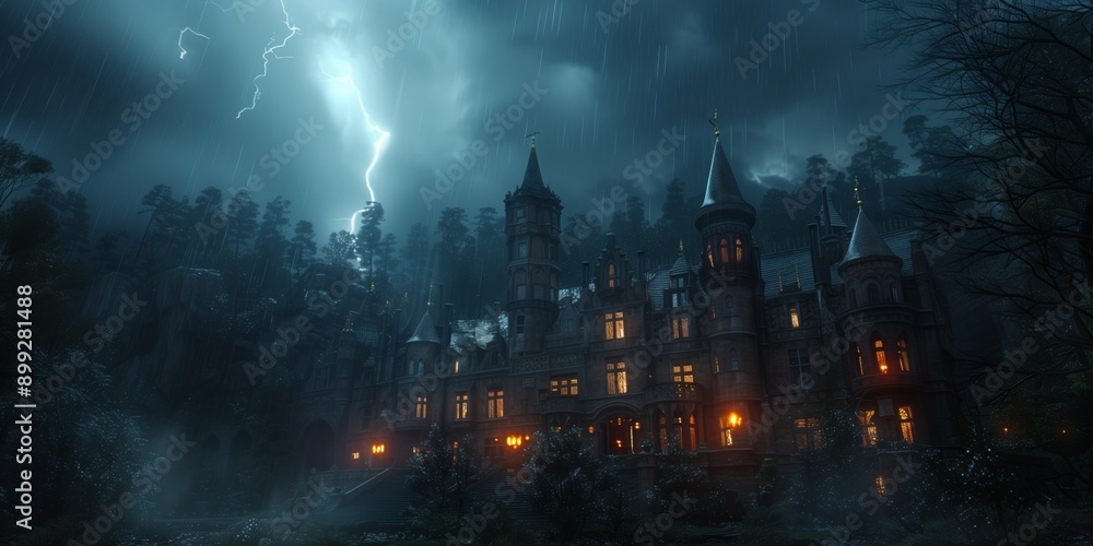 Lightning in the stormy sky above the old castle at summer night. Beautiful image of stronghold at thunderstorm. Lightning in the stormy sky above the old castle at summer night. Beautiful image of stronghold at thunderstorm.