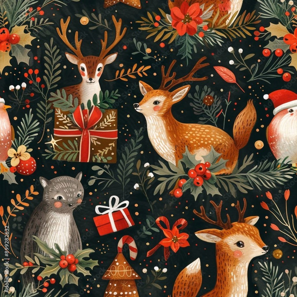 Embroidery christmas horizontal seamless pattern with deers, flowers and pine . embroidered new year floral elements on black background for design. Embroidery christmas horizontal seamless pattern with deers, flowers and pine . embroidered new year floral elements on black background for design.