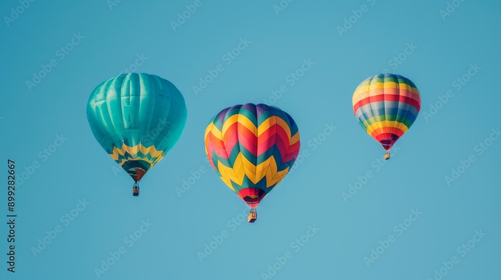 Three colorful hot air balloons in clear blue sky Three colorful hot air balloons in clear blue sky