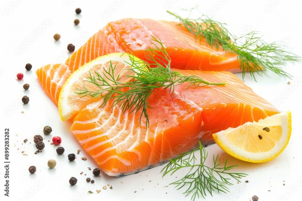 Fresh salmon with lemon, dill, and peppercorns, two slices of raw fish on a white background Fresh salmon with lemon, dill, and peppercorns, two slices of raw fish on a white background