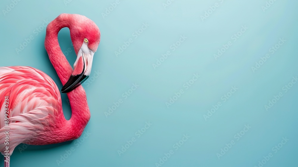 Naklejka premium Pink flamingo on light blue background with copy space. Summer banner 