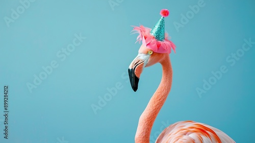 Funny flamingo with birthday party hat on blue background. 